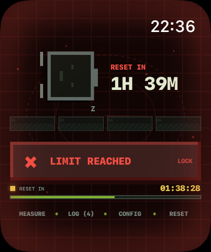Limit reached screen showing Reset in 1 hour 39 minutes